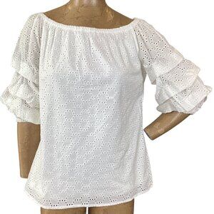 Cece White Eyelet Ruched Sleeve BOHO Top Sz M #317F